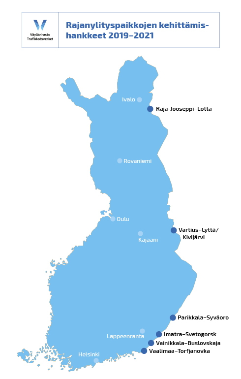 Rajanylityspaikkojen kehityshankkeet Suomen kartalla. Kyseessä olevat rajanylityspaikat sijaitsevat itärajalla.