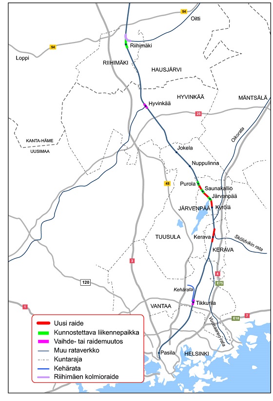 Kartta Pasila-Riihimäki-radalta.