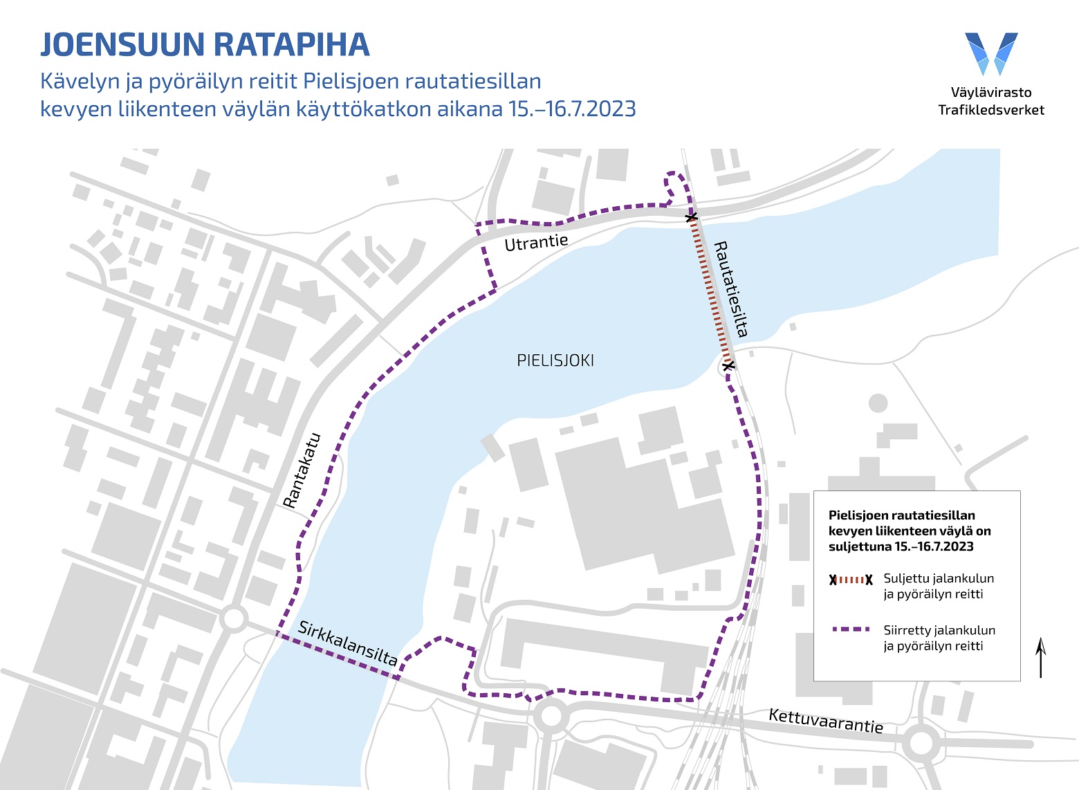 Pielisjoen rautatiesillan kevyen liikenteen väylä on suljettuna 15.–16.7.2023. Kiertoreitti Pielisjoen yli kulkee Sirkkalan sillan kautta. 