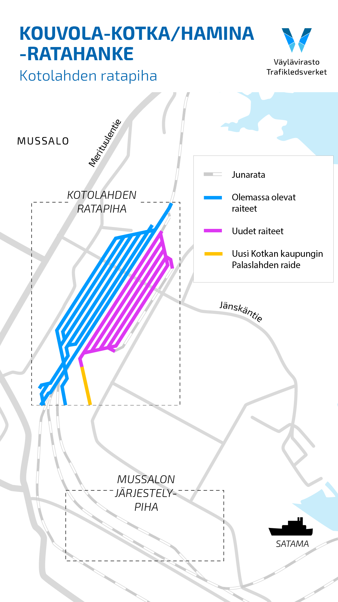 Kartta kuvaa Kotolahden ratapihan uusia raidejärjestelyjä.