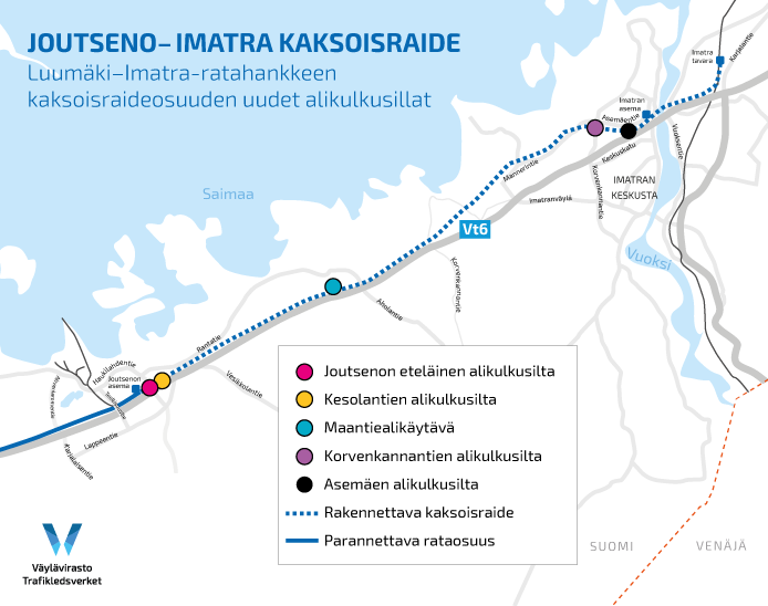 Kartta hankkeen kaksoisrataosuuden uusista alikukulkusilloista.