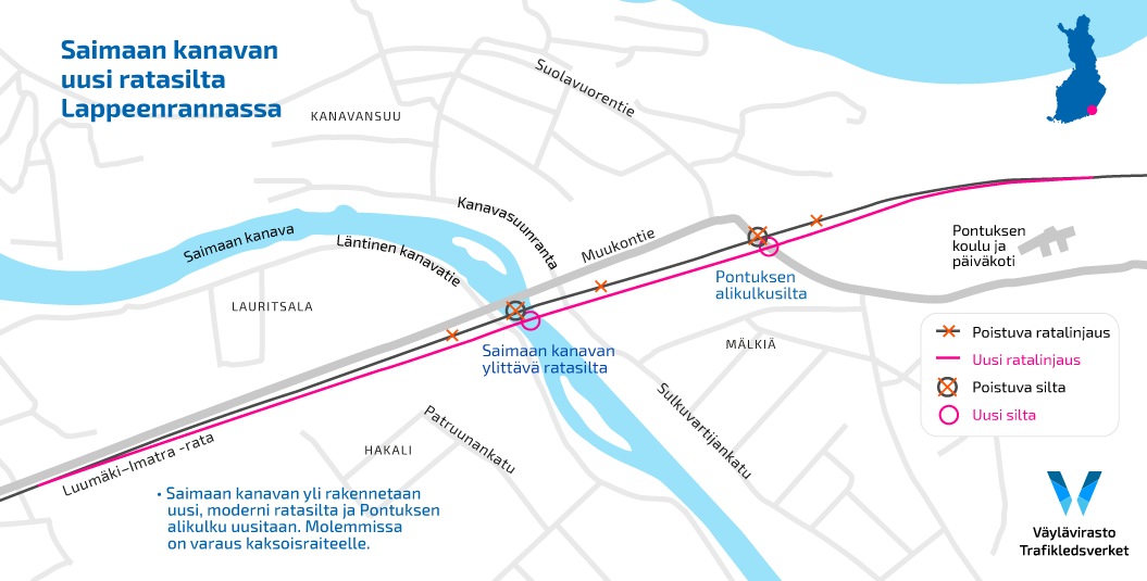 Kartta Saimaan kanavan uudesta ratasillasta Lappeenrannassa.