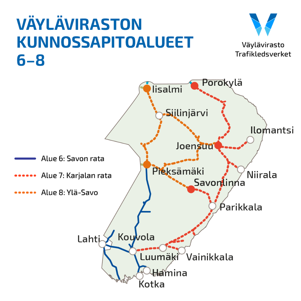 Kuvassa on piirretty Suomen kartta, johon on merkitty radan kunnossapitoalueet.