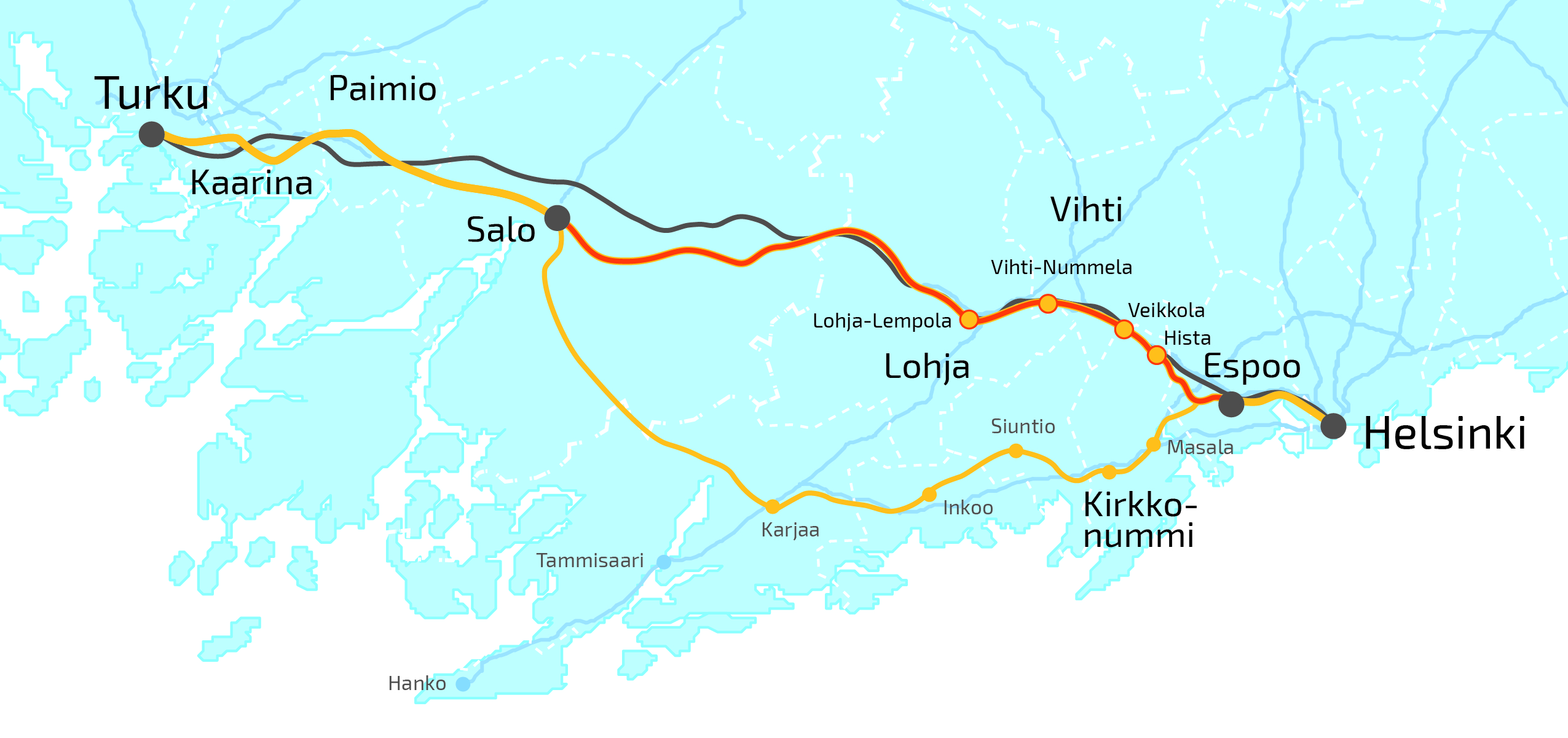 Karttakuva Espoo-Salo-oikoradan linjauksesta.