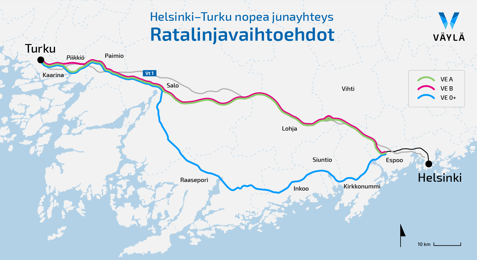 Kartta ratalinjavaihtoehdoista.