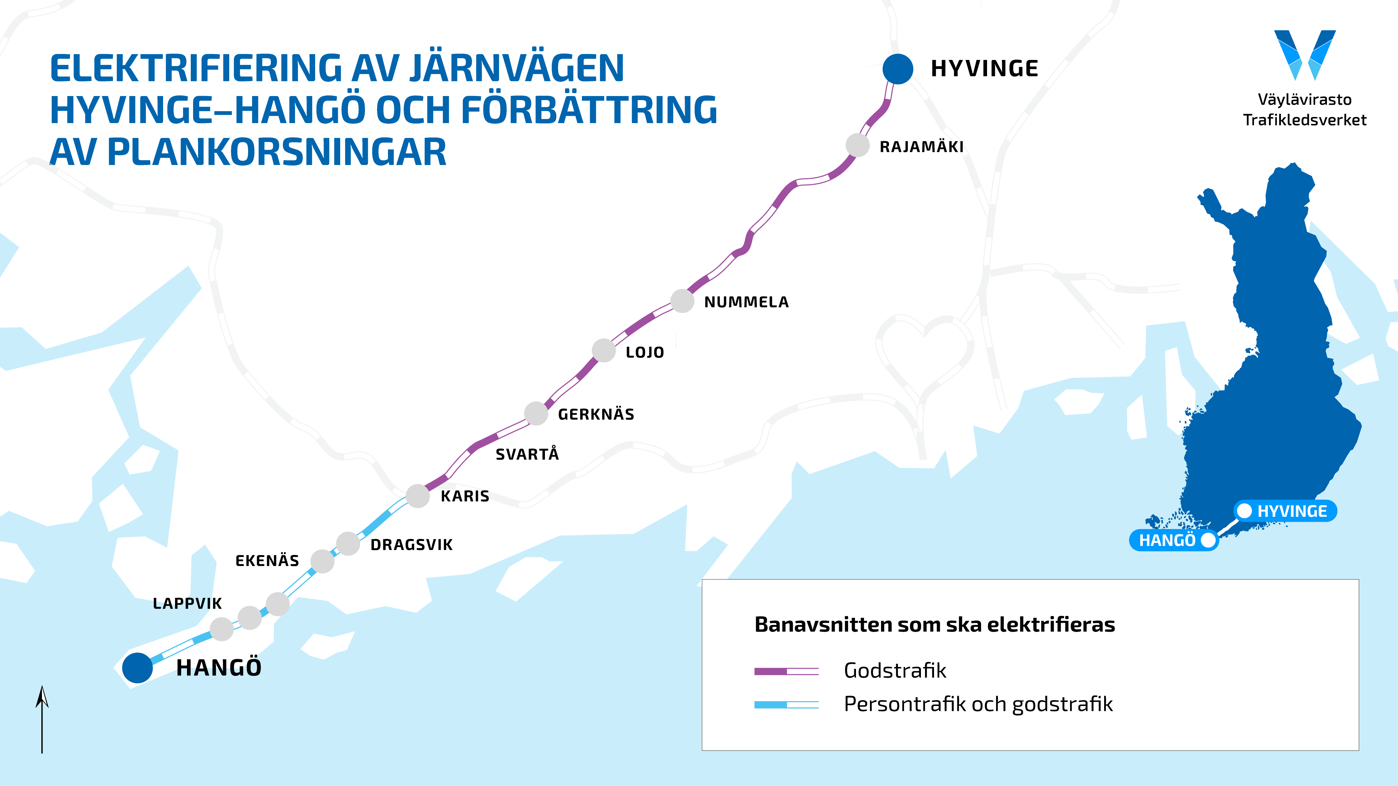 Hyvinkää-Hanko-rataosa ja paikkakunnat merkittynä