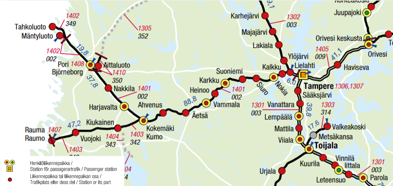 Kuva rataosuudesta Rauma-Kokemäki. Se liittyy Kokemäellä rataan, josta on yhteys sekä Porin että Tampereen suuntaan.