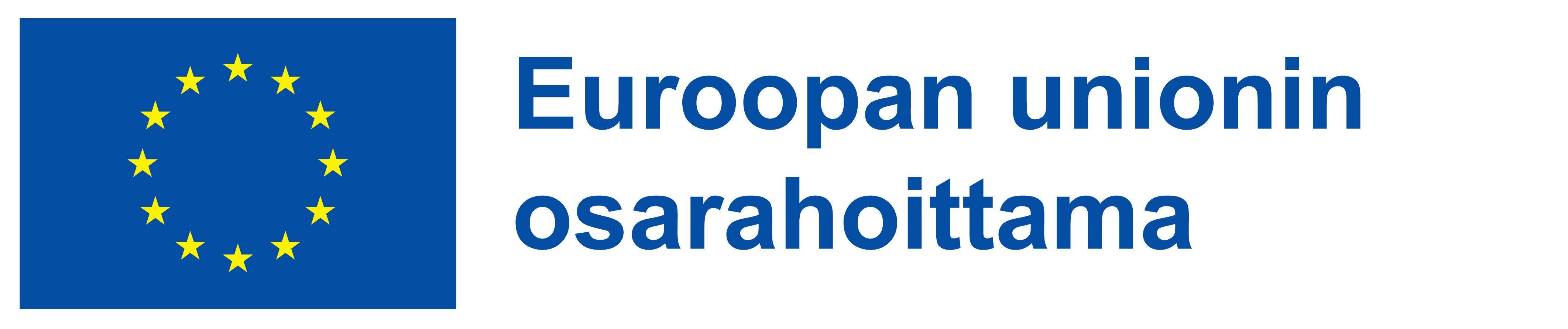 Euroopan unionin osarahoittama -logo, jossa vasemmalla sinisellä taustalla EU:n 12  kullanväristä tähteä ympyrämuodossa ja oikealla teksti Euroopan unionin osarahoittama.