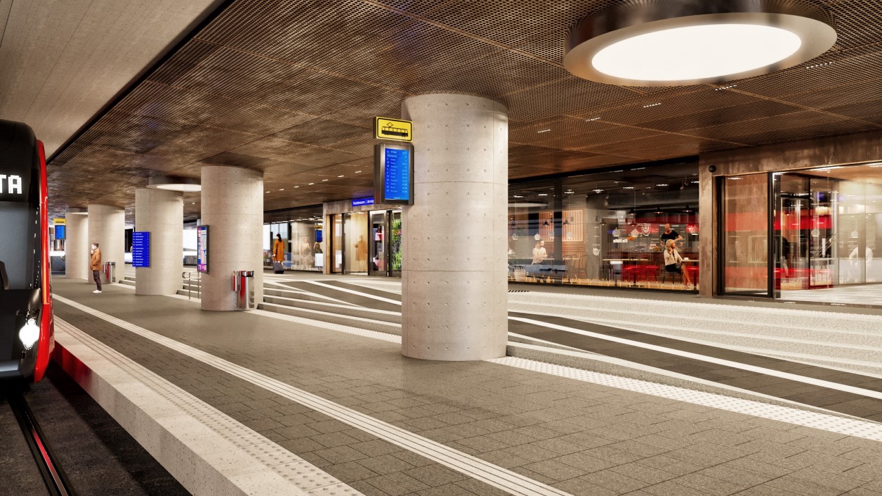 3D picture of the Itsenäisyydenkatu underpass, seen from west to east. The station tunnel and the tunnel of Itsenäisyydenkatu are connected to form a passenger terminal.