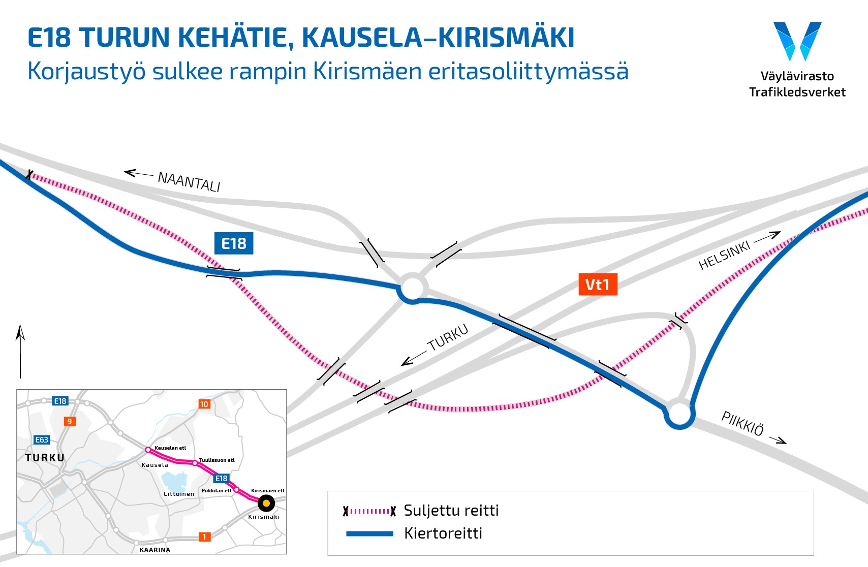 karttakuva Korjaustöiden aiheuttamasta kiertoreitistä