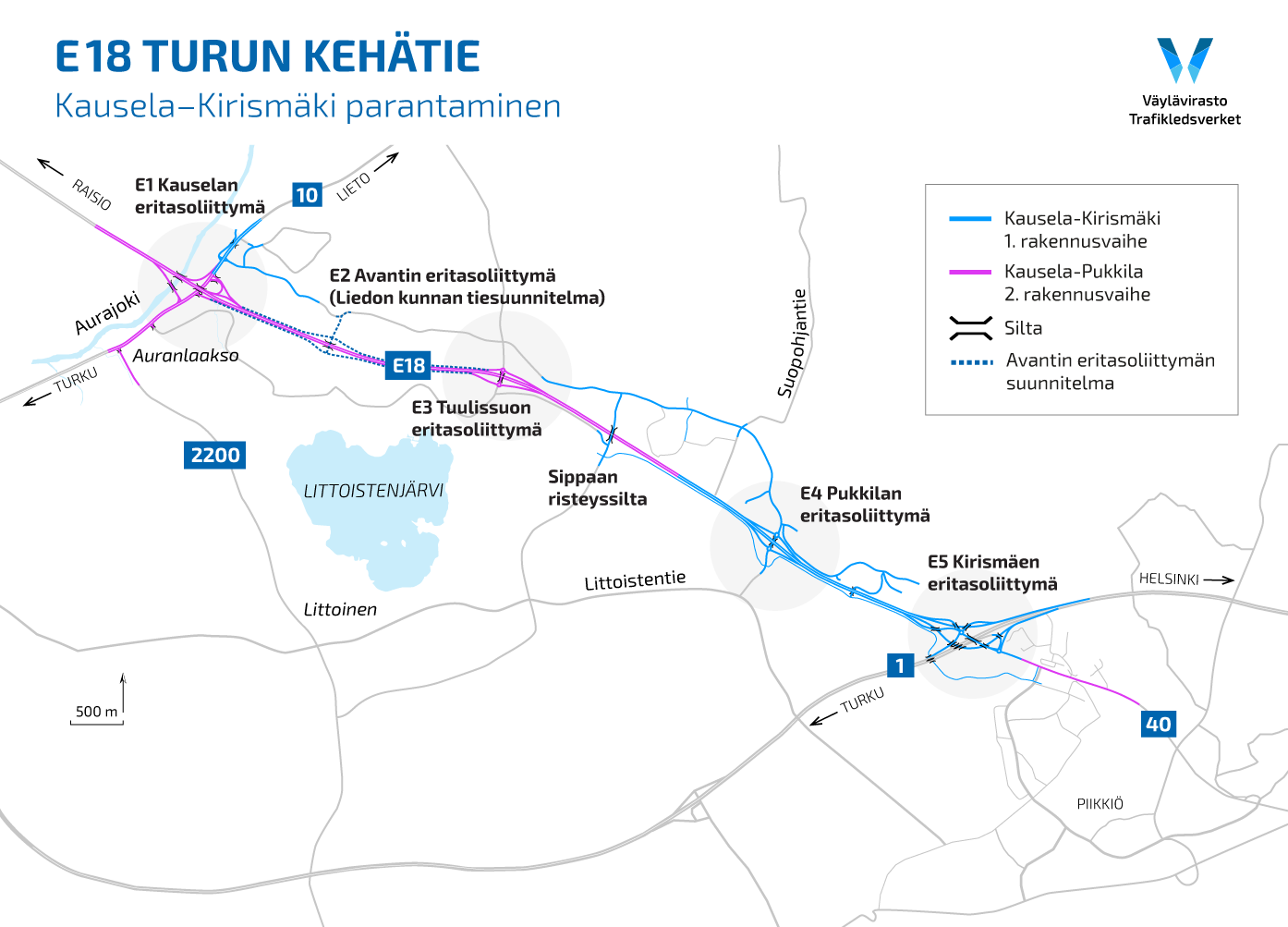 Karttakuva E18 Turun kehätieltä. 