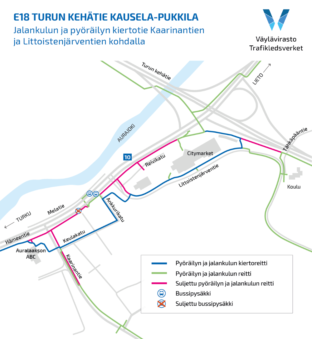 Kaarinan Hämeentien jalankulun ja pyöräilyn kiertoreitti Keulakadun, Ankkurikadun ja Littoistenjärventien kautta.