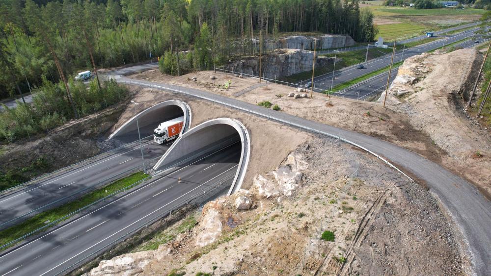 Kaksi tunnelia, tunnelien läpi kulkee kehätien, tunnelien päällä on multaa, pensaita, puuntaimia, tie.