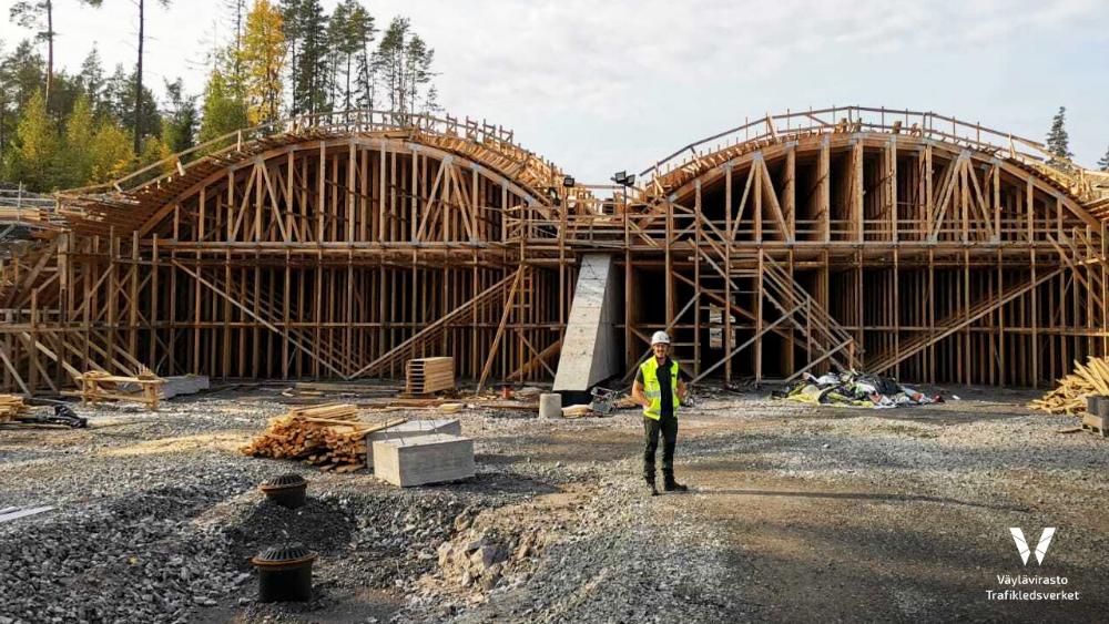 Vihersillan alapuolen kaarevat muodot muodostavat kaksi tunnelia. Silta ja tunnelit hahmottuvat puisten rakennustelineiden ja valumuottien kautta.