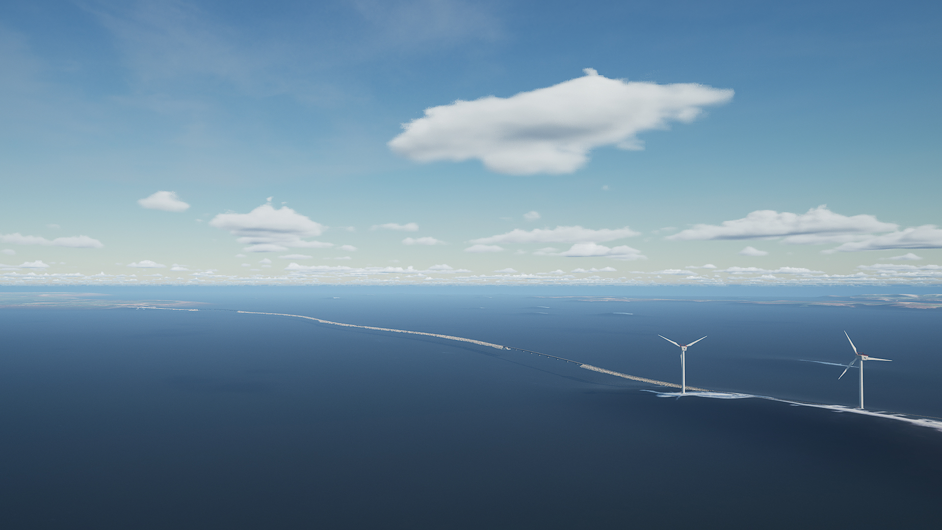 Kiinteä tieyhteys merialueen yli sekä kaksi tuulivoimalaa.