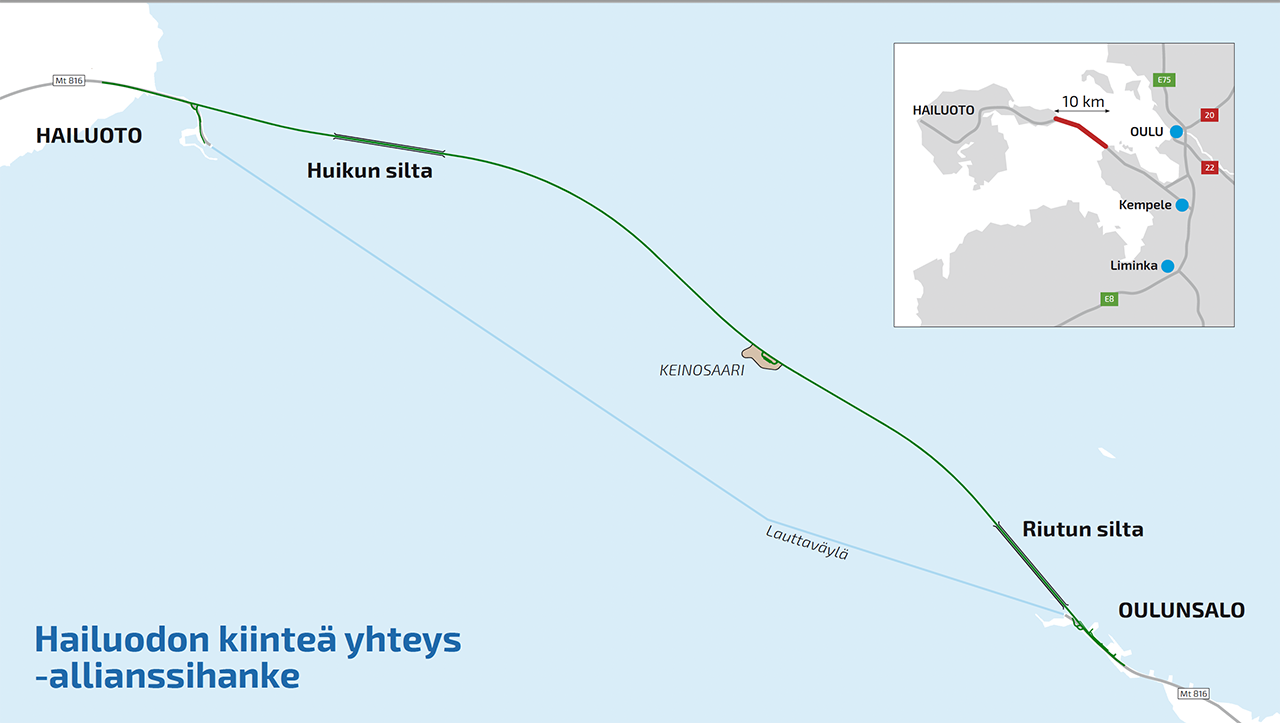 Hailuodon kiinteän yhteyden yleiskartta 2021. Yhteys on suunniteltu Oulun Riutunkarin ja Hailuodon Huikun välille.