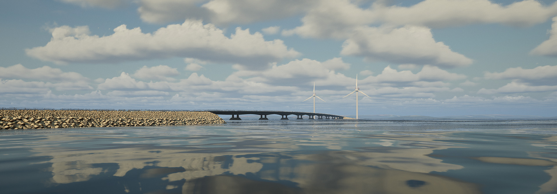 A road bridge crossing a sea area and two windmills.