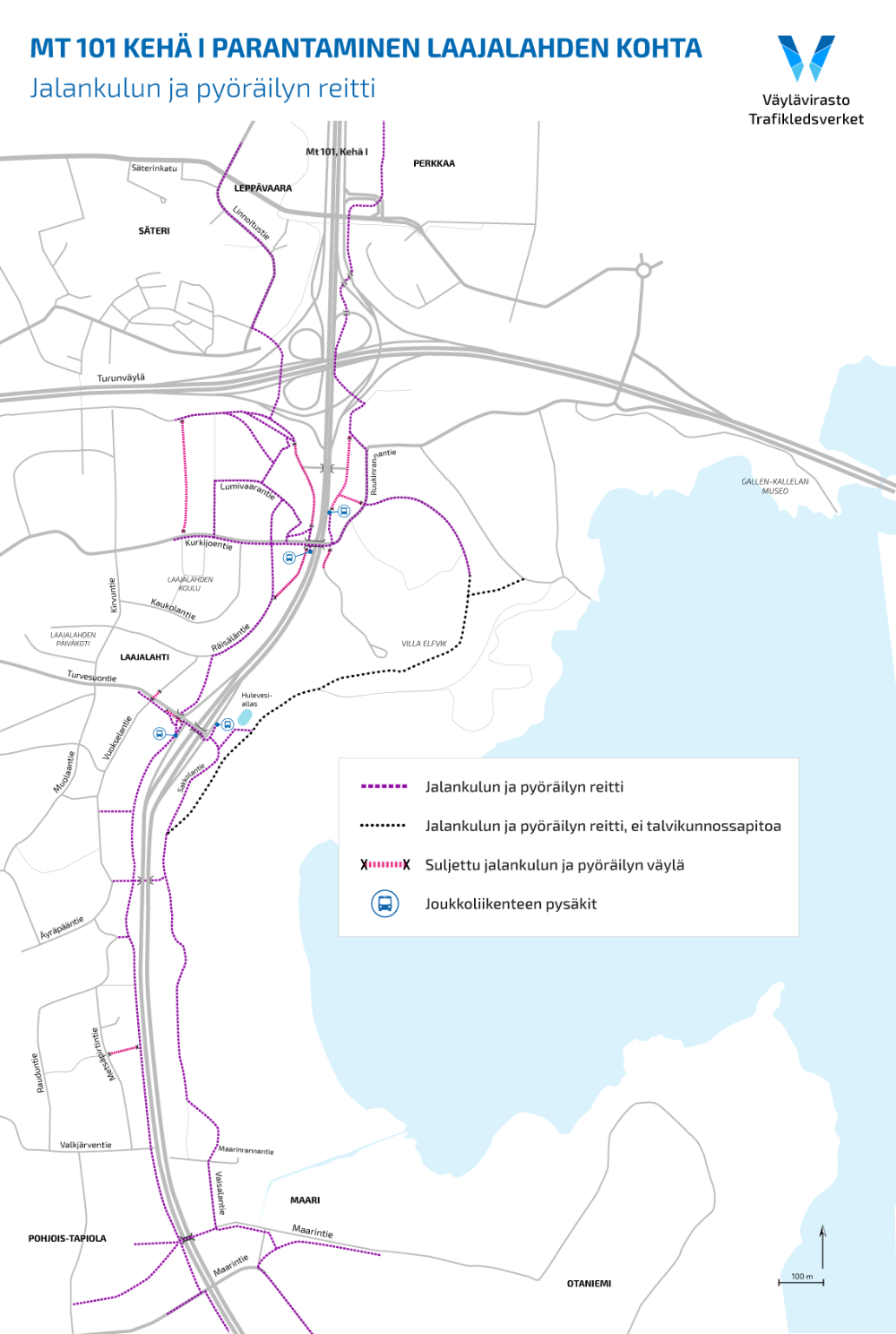 Karttakuvassa on kuvattu Mt 101 Kehä I parantaminen Laajalahden kohta -hankkeen aiheuttamat muutokset jalankulun ja pyöräilyn reitteihin.