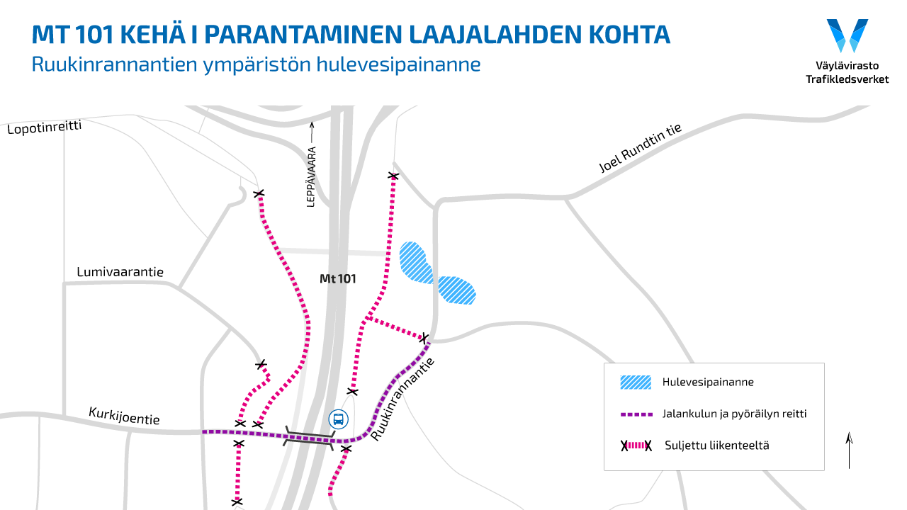 Karttakuva Espoon Ruukinrantaan rakennettavista hulevesipainanteista