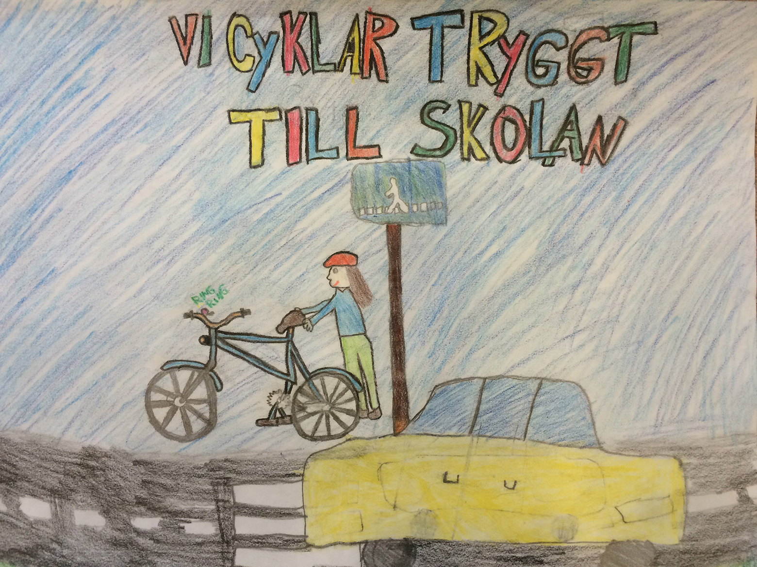 Piirros, jossa kyltti till skolan ja tyttö menossa kouluun,.