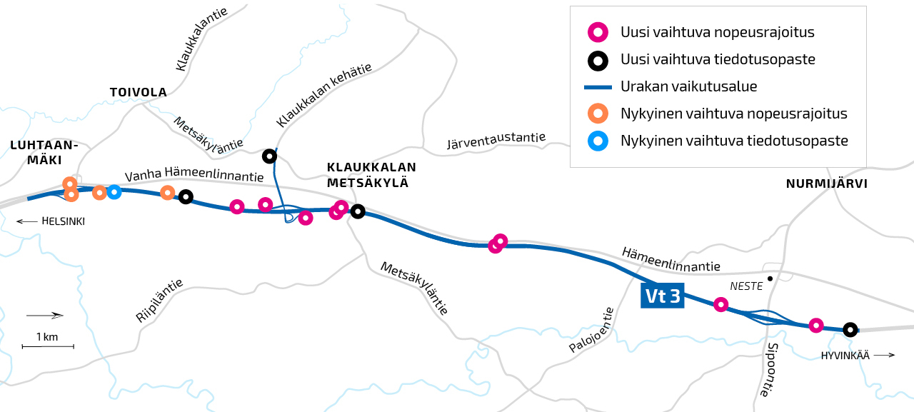 Kartassa näkyy Klaukkalan ohikulkutie -hankkeen osaurakkana toteutettavan liikenteenhallintajärjestelmän vaikutusalue, joka ulottuu Hämeenlinnanväylällä Klaukkalasta Nurmijärven kirkonkylän eritasoliittymään. Karttaan on merkitty vaihtuvat nopeusrajoitusmerkit ja tiedotusopasteet.