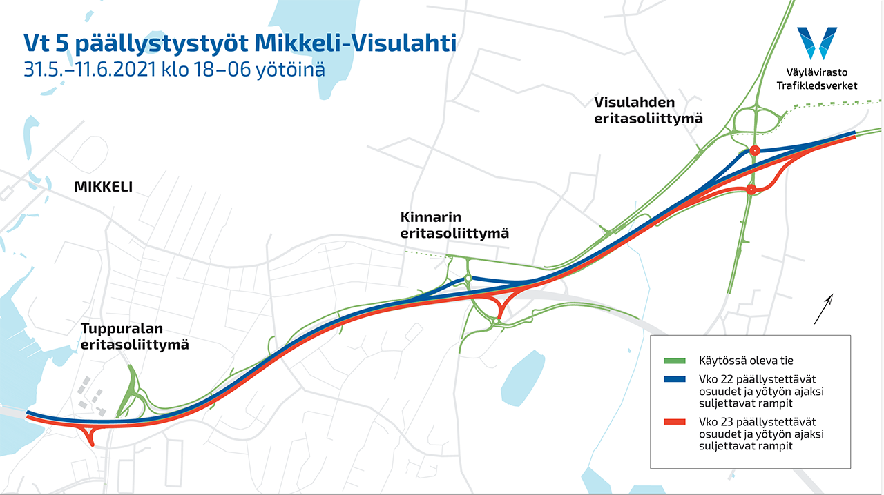 Karttakuva viikkojen 22 ja 23 päällystystöistä Mikkelin ja Visulahden välillä. Vt 5 Mikkeli-Juva.