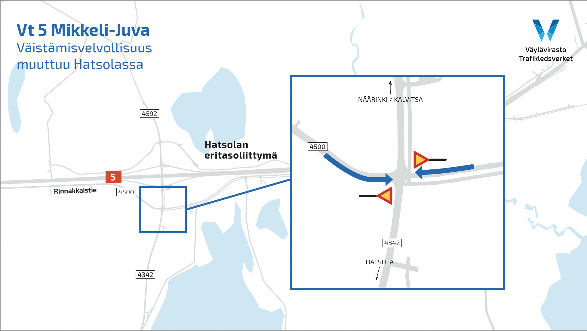 Karttakuva väistämisvelvollisuuden muuttumisesta Hatsolassa rinnakkaistiellä 4500