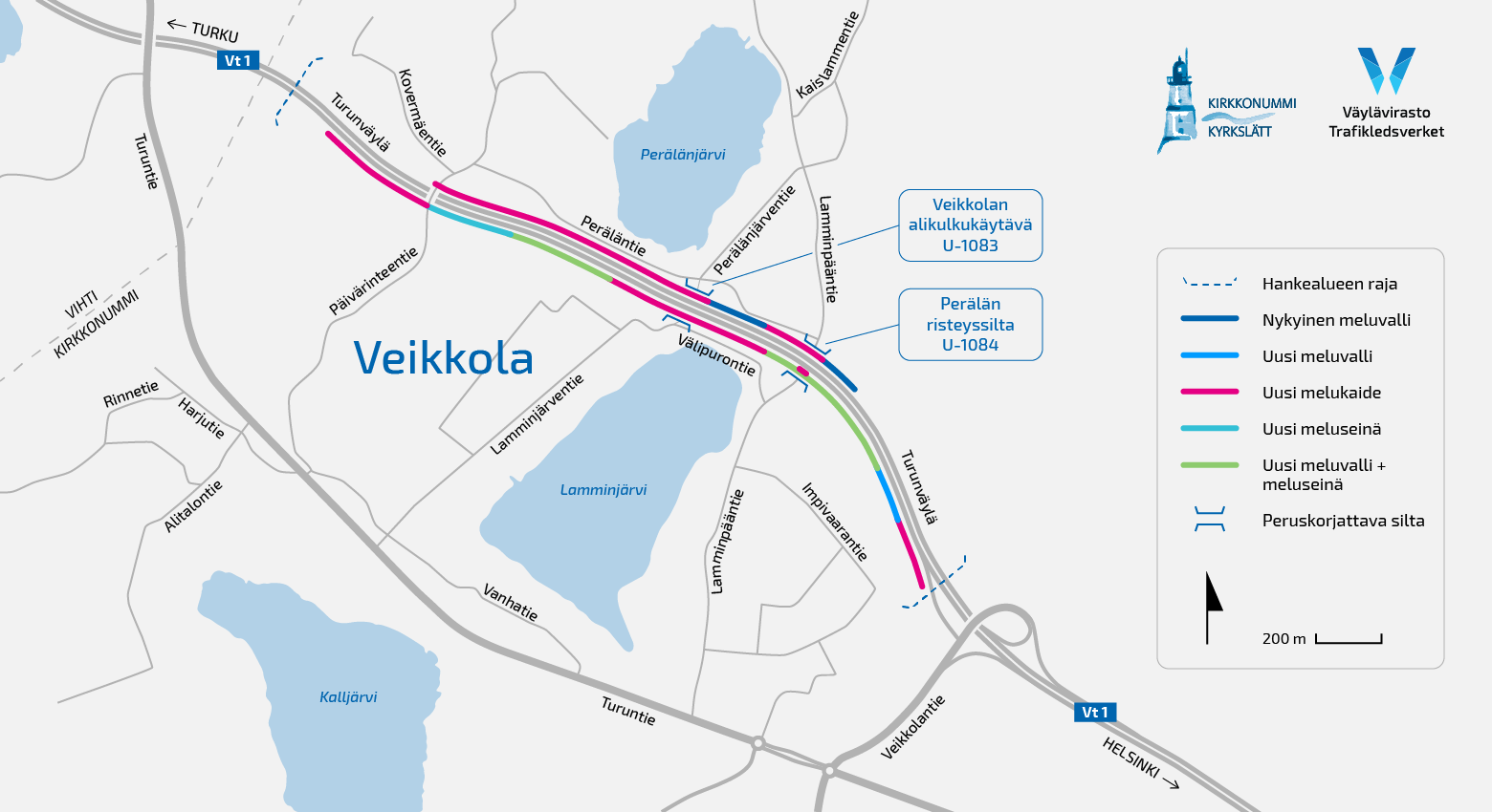 Hankkeessa rakennetaan Veikkolan kylän kohdalle meluseiniä, -kaiteita ja valleja. Lisäksi kaksi hankealueella sijaitsevaa siltaa Perälän risteyssilta ja Veikkolan alikulkukäytävä korjataan.