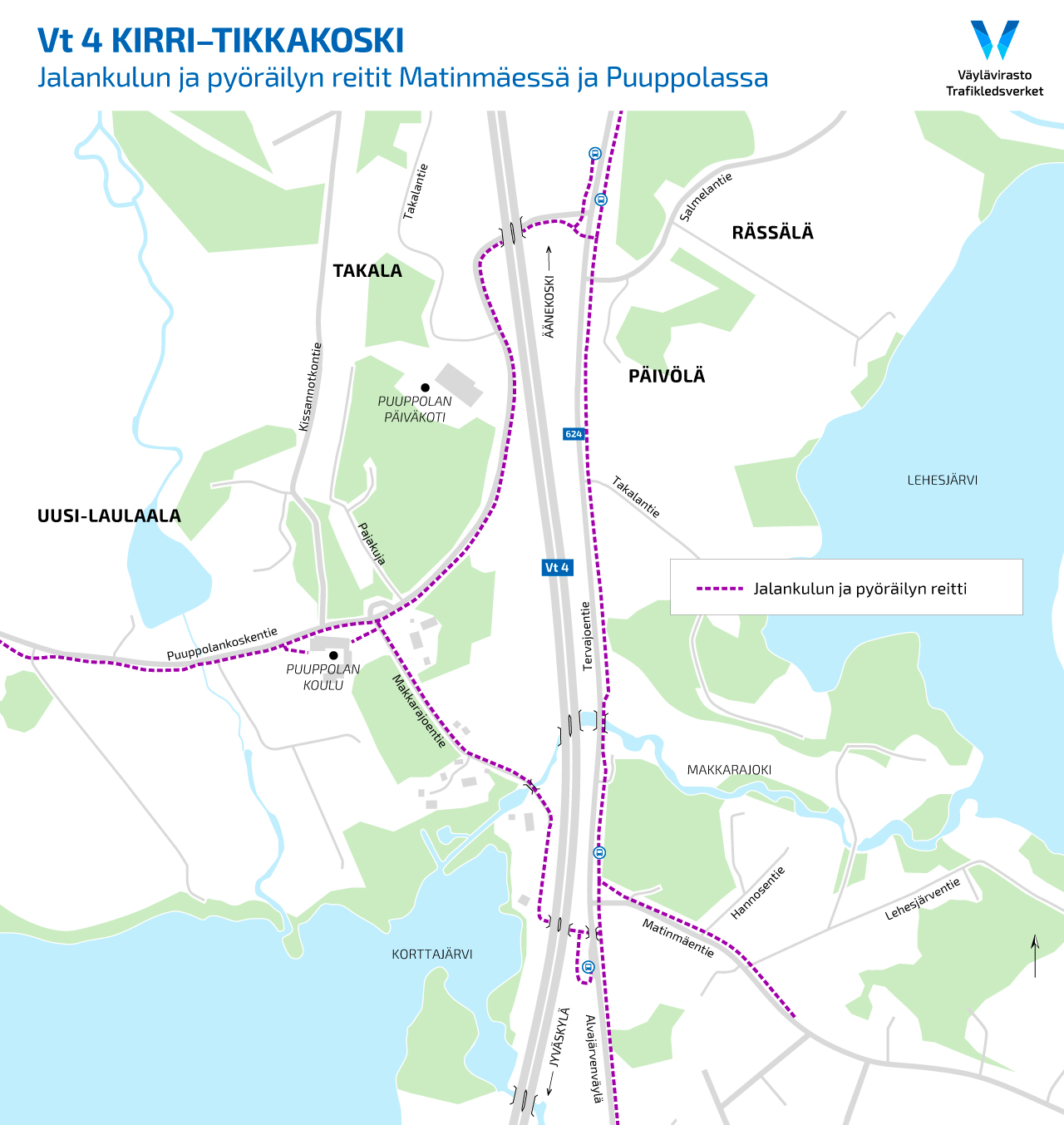 Kartta jalankulun ja pyöräilyn reiteistä Matinkylässä ja Puuppolassa.