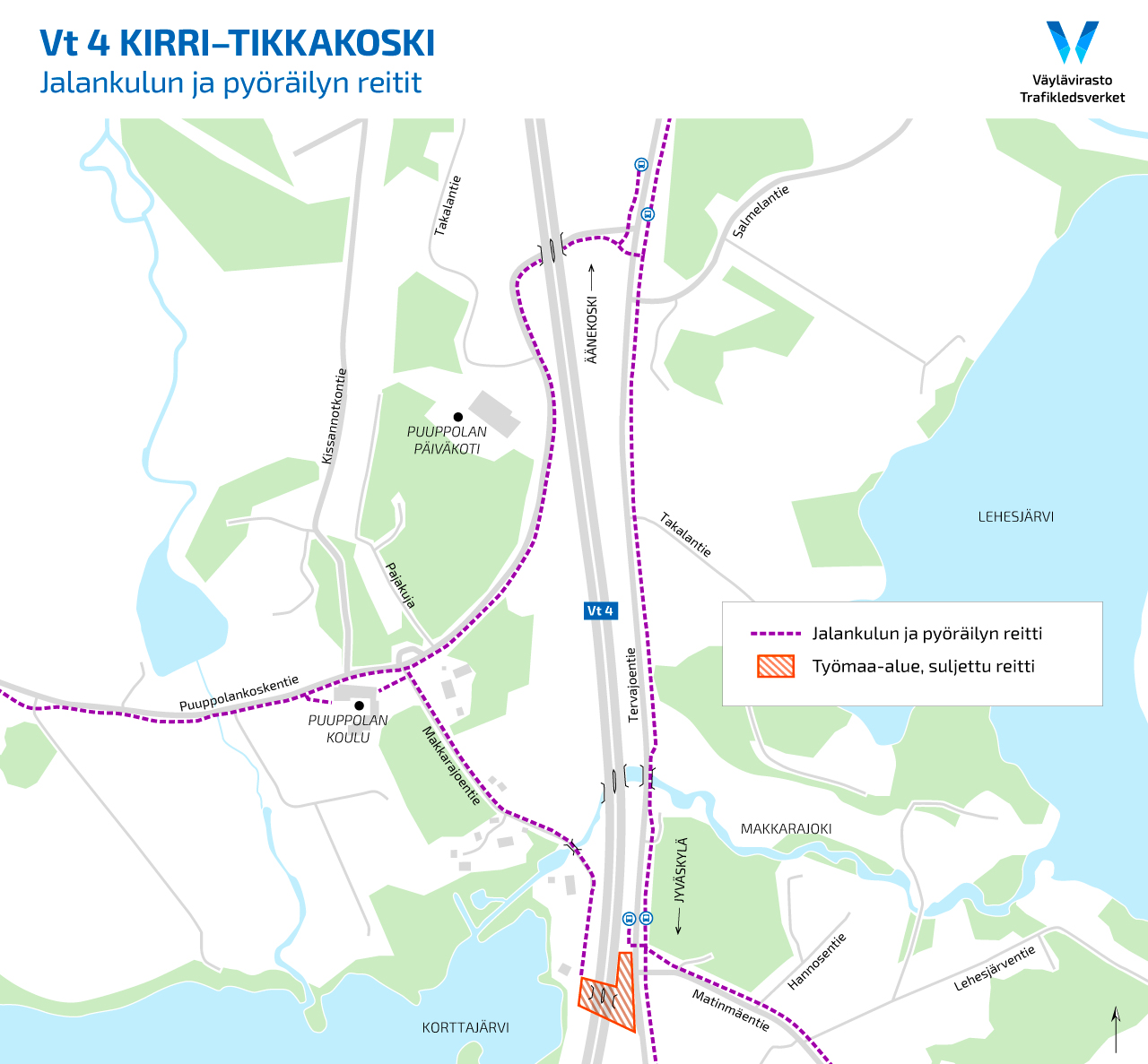 Kartta osoittaa työmaa-alueen sijainnin sekä ajantasaiset jalankulun ja pyöräilyn reitit.