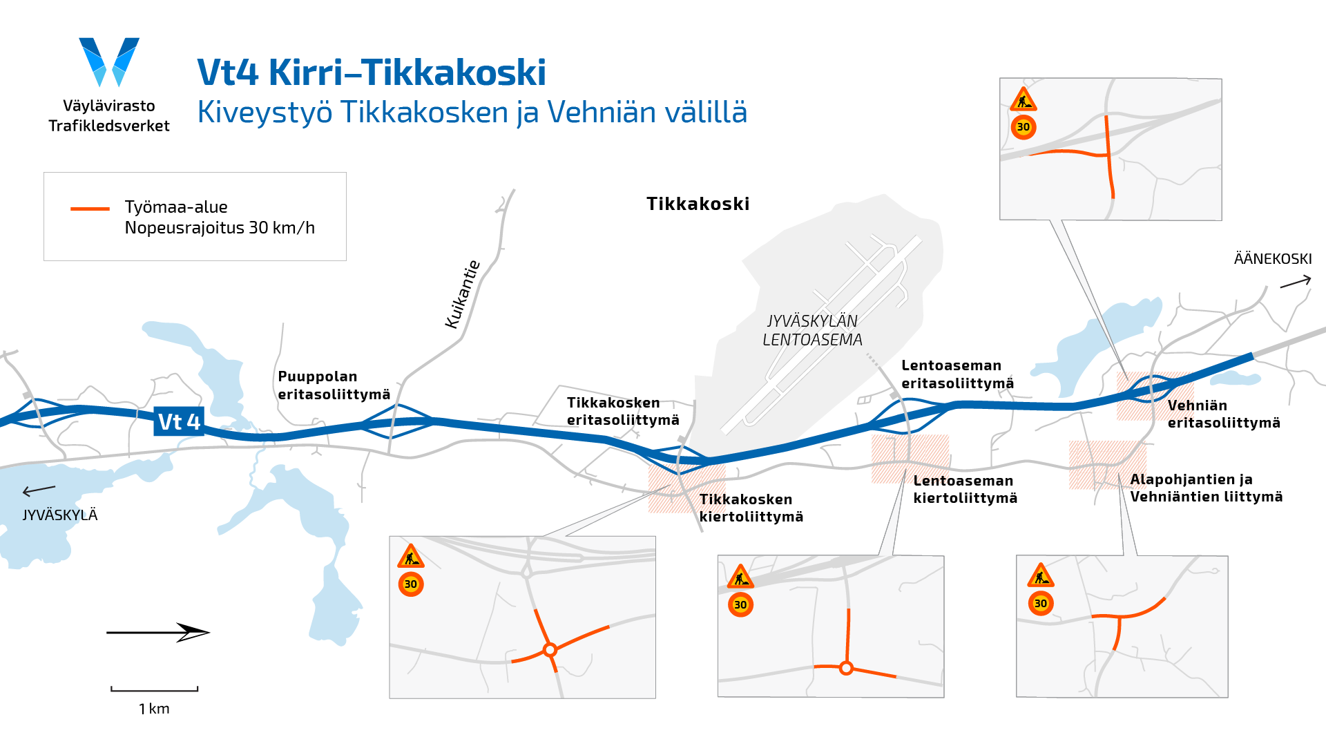 Karttakuva osoittaa työalueet maantien 624 varressa.