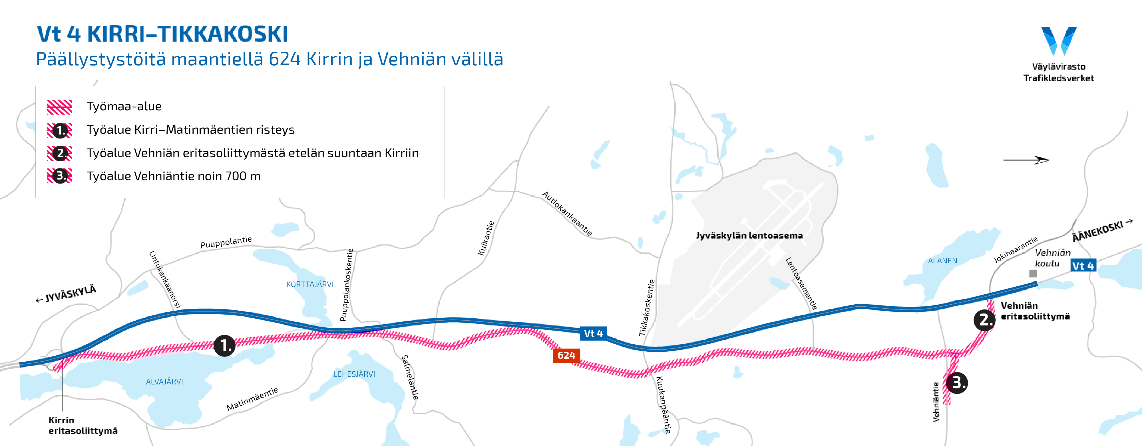 Kartta osoittaa päällystystöiden työalueiden sijainnin maantiellä 624 Kirrin ja Vehniän välillä. Kartassa teksti: Vt4 Kirri-Tikkakoski. Päällystystöitä maantiellä 624 Kirrin ja Vehniän välillä. Työalue 1: Kirri-Matinmäentien risteys. Työalue 2: Vehniän eritasoliittymästä Kirriin. Työalue 3: Vehniäntie noin 700 metriä.