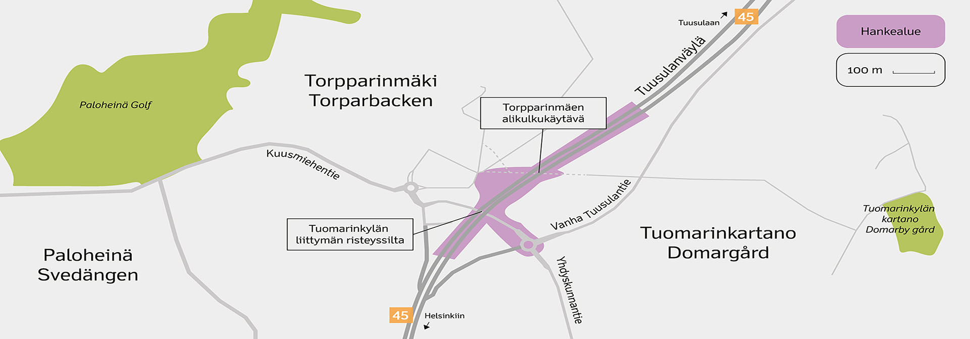 Karttakuva: bussipysäkit ja kaistajärjestelyt Tuusulanväylällä Yhdyskunnantien kohdalla