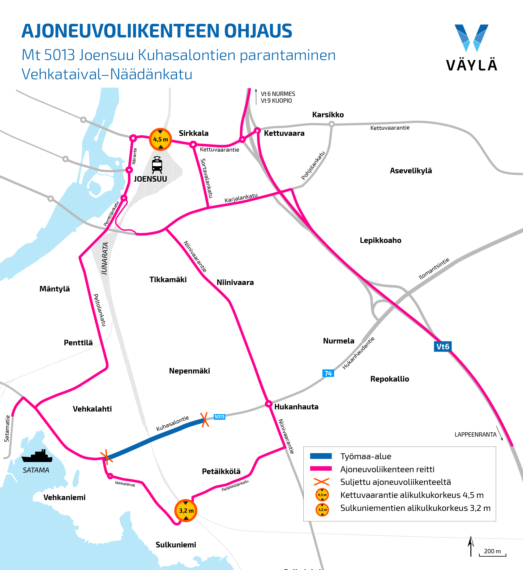 Kartta liikennejärjestelyistä: ajoneuvoliikenteen ohjaus, Mt 5013 Joensuu Kuhasalontien parantaminen Vehkataival-Näädänkatu. 