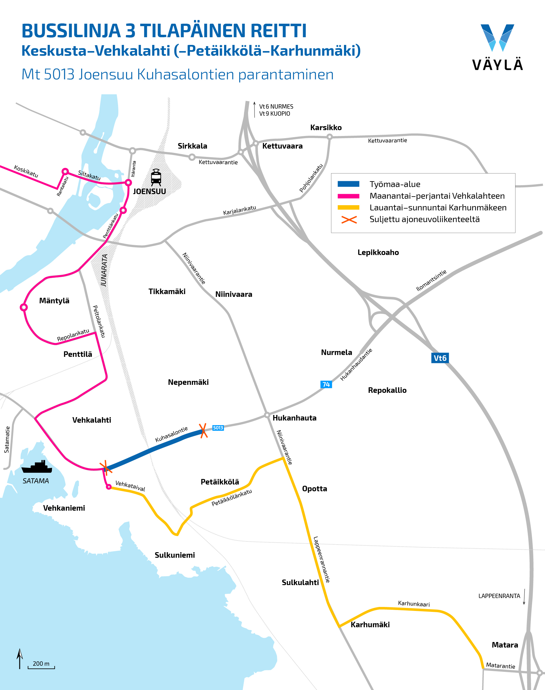 Kartta liikennejärjestelyistä: bussilinja 3 tilapäinen reitti, Mt 5013 Joensuu Kuhasalontien parantaminen. 