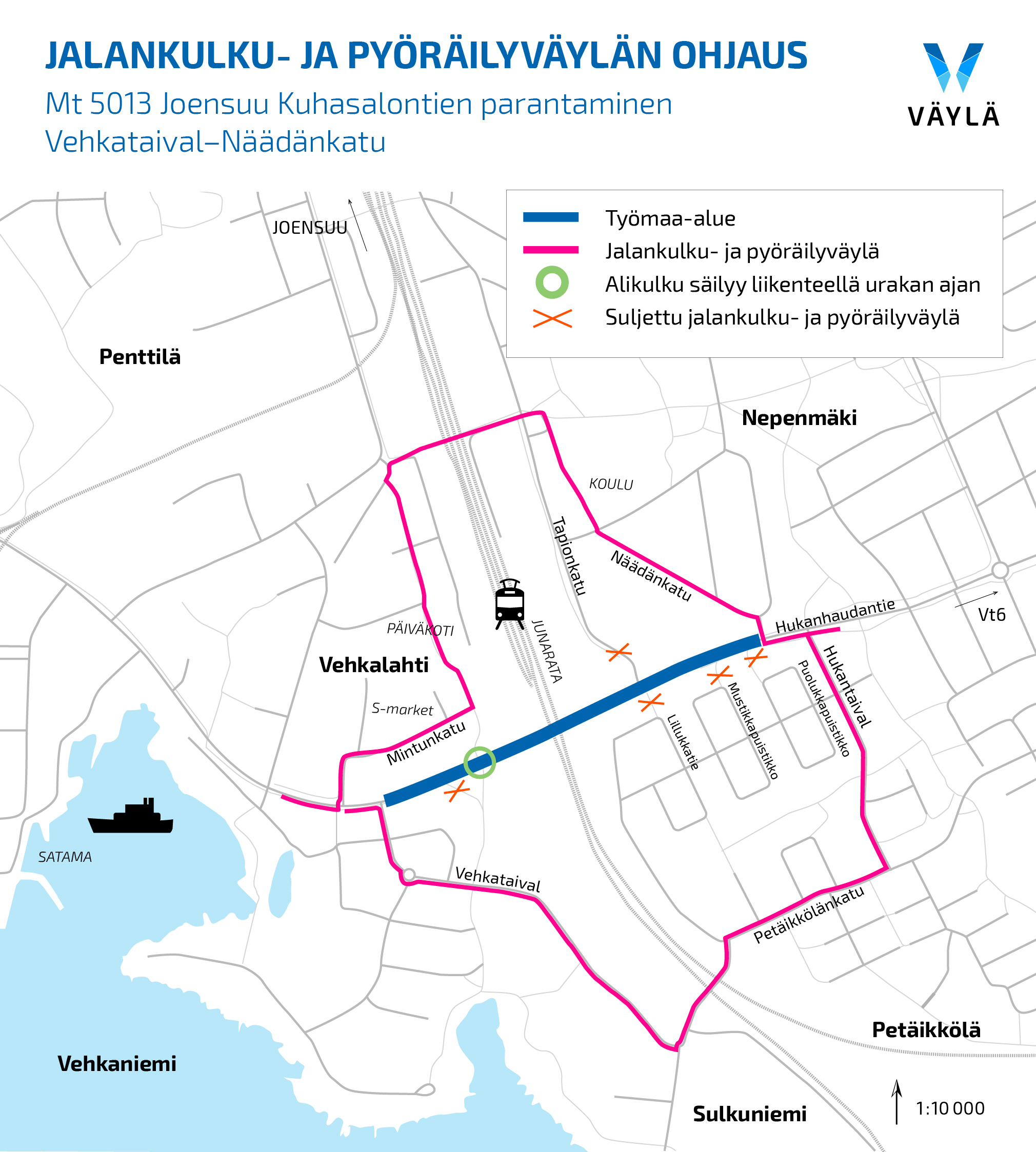 Kartta liikennejärjestelyistä: jalankulku- ja pyöräilyväylän ohjaus, Vehkataival-Näädänkatu. 