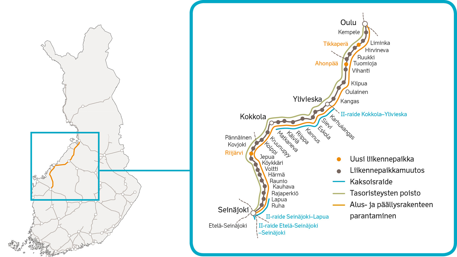 Suomen kartta, jossa hanke merkittynä ja lähempi karttakuva hankkeesta.