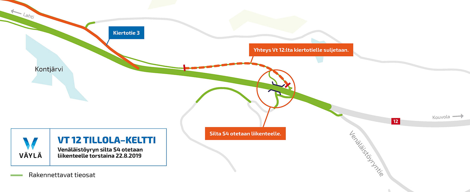 Kartta Venäläistöyryn sillan liikenteelleotosta 22.8.2019