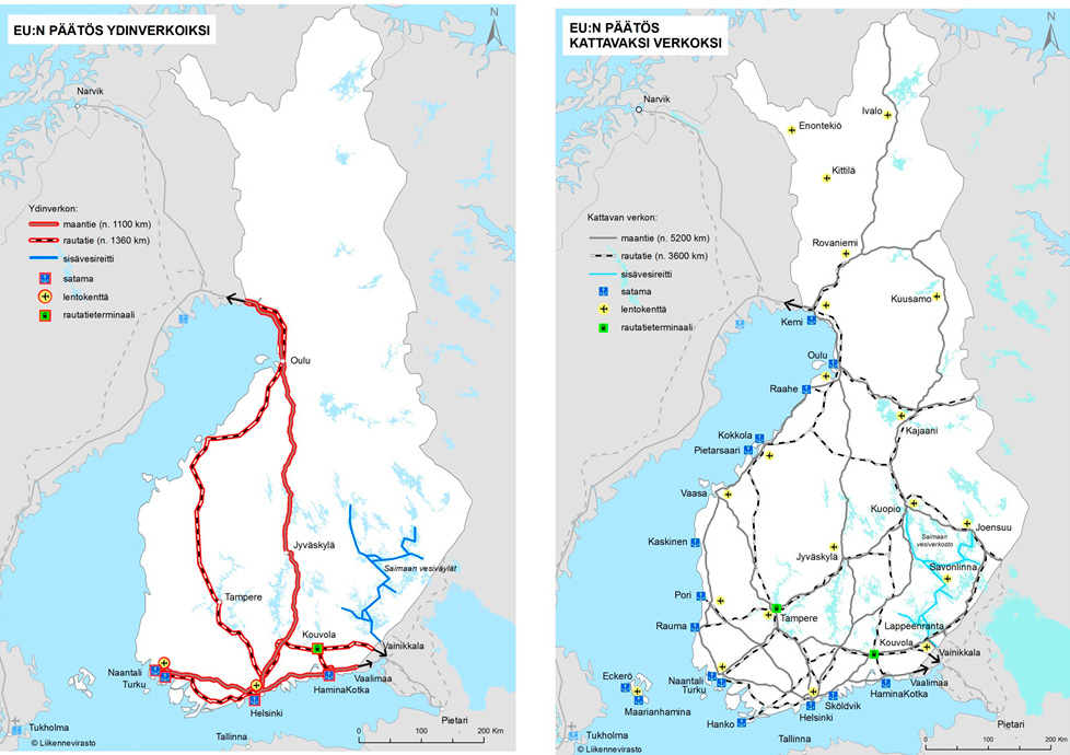 Karttakuva ydinverkosta ja kattavasta verkosta Suomessa.