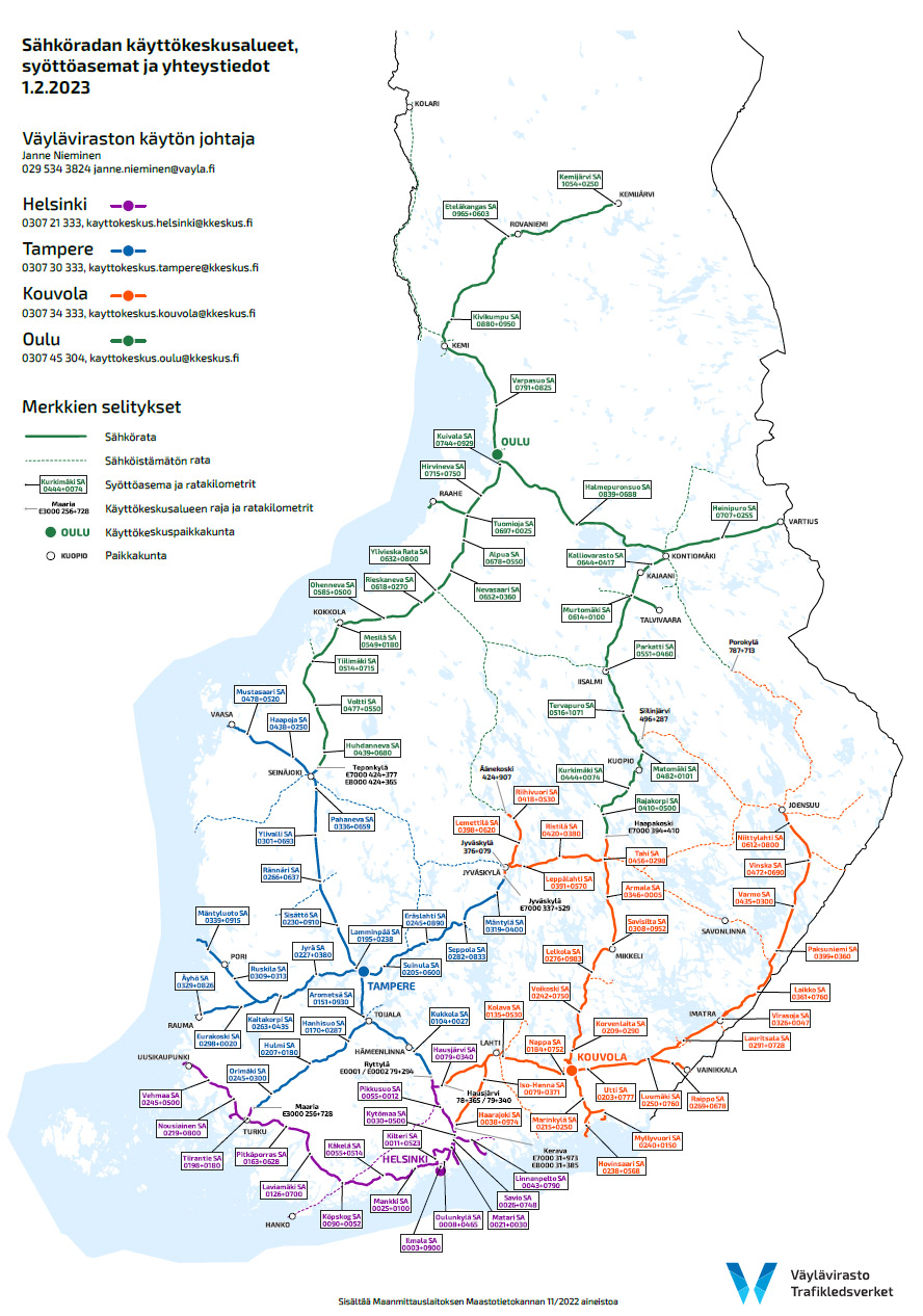 Suomen rataverkon kartta, jossa näkyvillä eri käyttökeskusalueiden rajat.