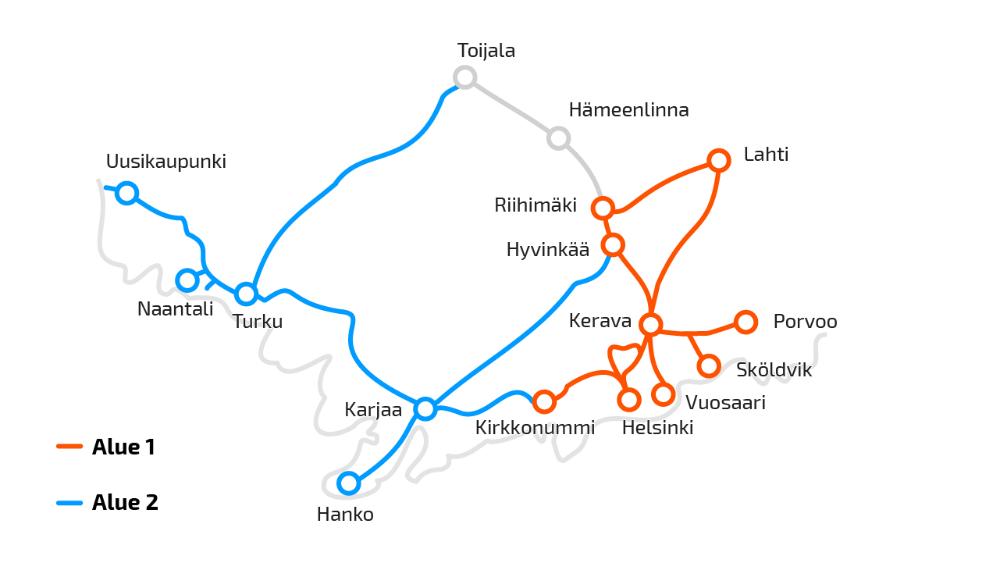 Kartta ratojen kunnossapitoalueista Etelä-Suomessa.