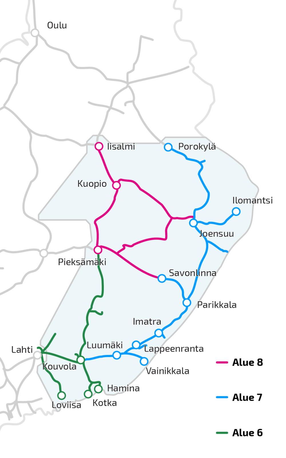 Kartta rataverkon kunnossapitoalueista Itä-Suomessa.