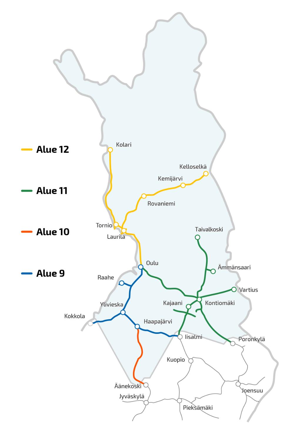 Kartta rataverkon kunnossapitoalueista Pohjois-Suomessa.