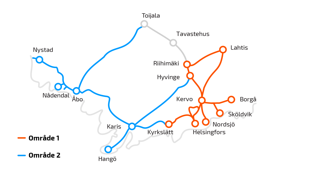 Karta över underhållsområden i Södra Finland.