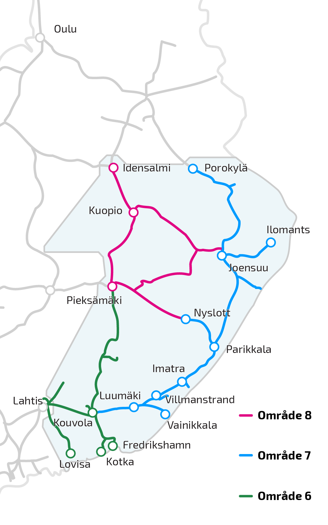 Karta över underhållsområden i Östra Finland.