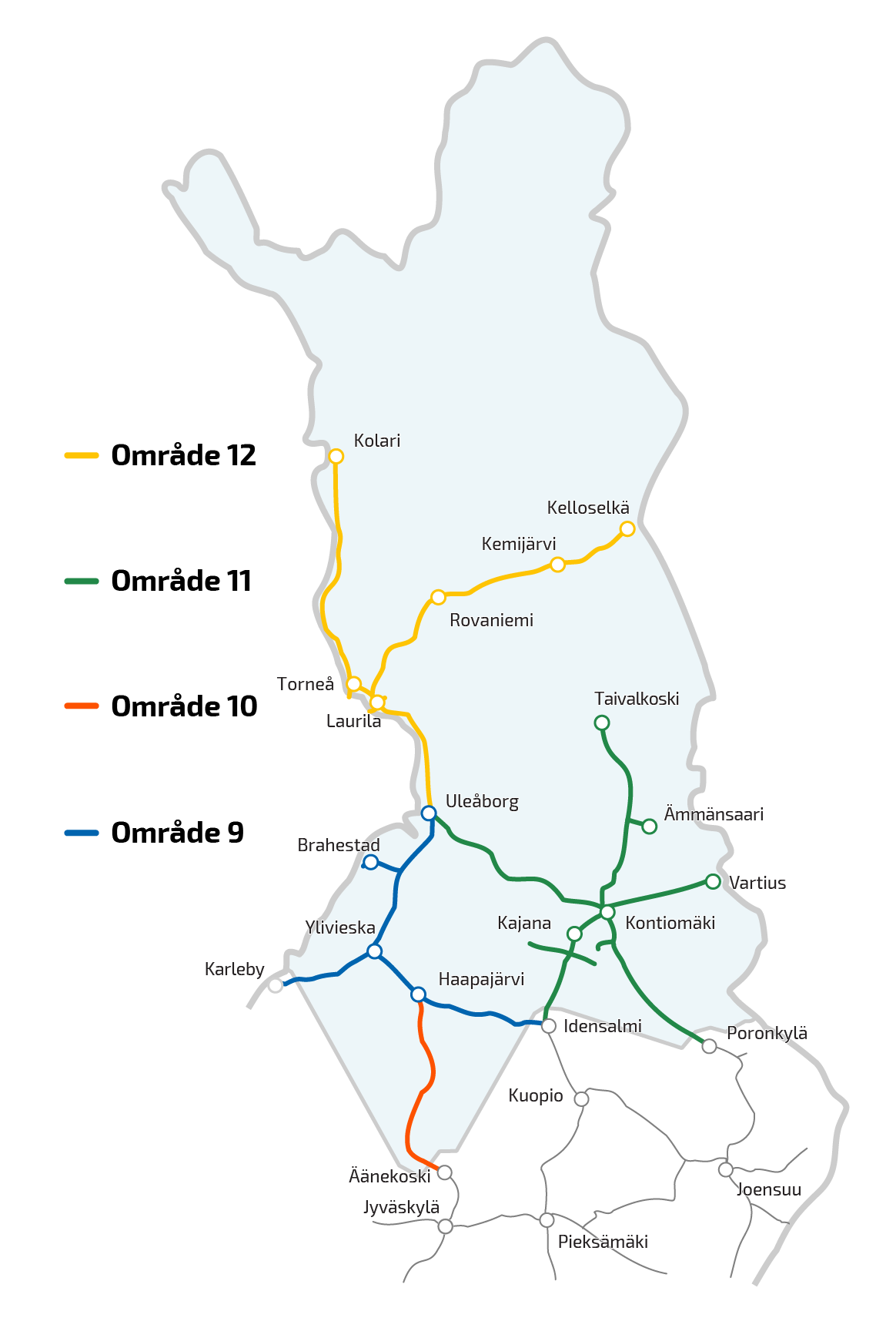 Karta över underhållsområden i Norra Finland.