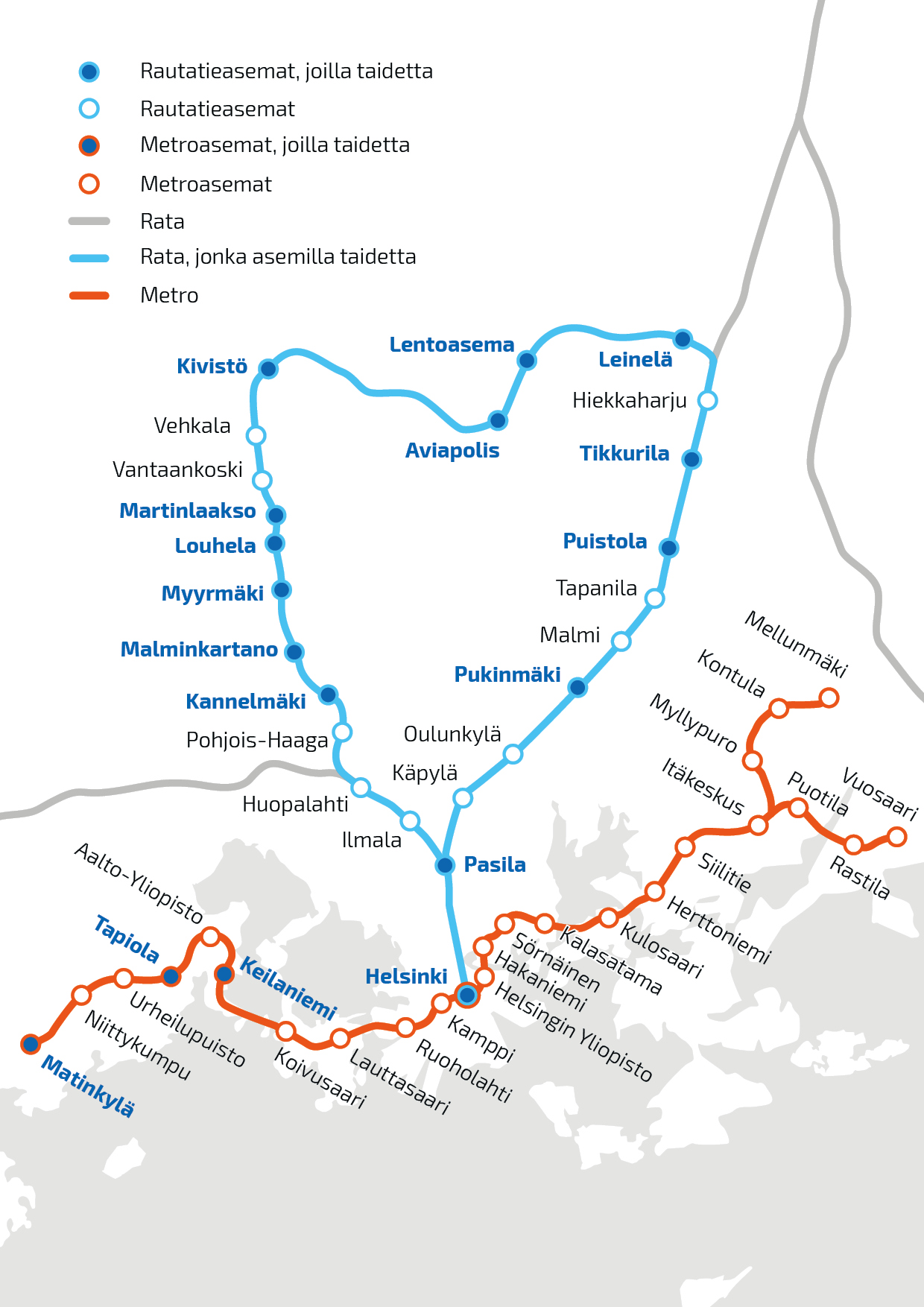 Kartta, johon on merkitty juna-asemat, joilla taidetta sijaitsee. Asemataidetta löytyy rautatieasemilta: Helsinki, Pasila, Kannelmäki, Malminkartano, Myyrmäki, Louhela, Martinlaakso, Kivistö, Aviapolis, Lentoasema, Leinelä, Tikkurila, Puistola, Pukinmäki. Metroasemat, joilta asemataidetta löytyy ovat: Matinkylä, Tapiola, Keilaniemi, Helsingin rautatieasema.