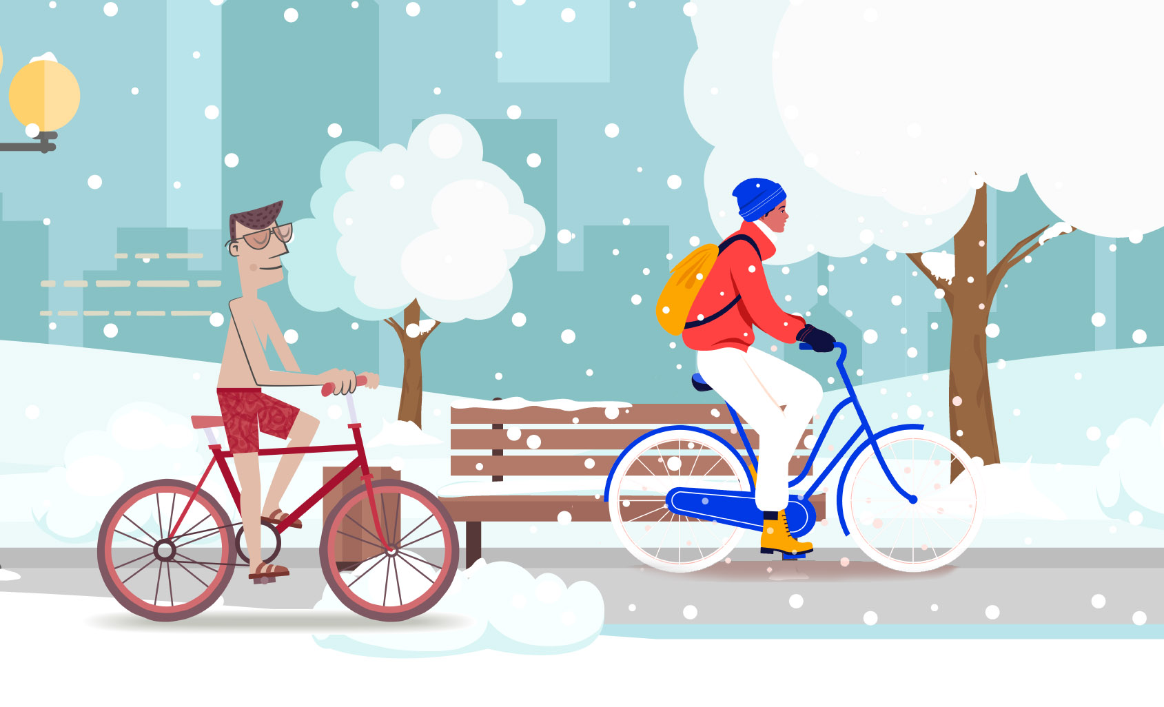 Piirroskuva, jossa kaksi miestä ajaa polkupyörällä talvella: toinen uimapuvussa, toinen kunnollisissa talvivaatteissa.