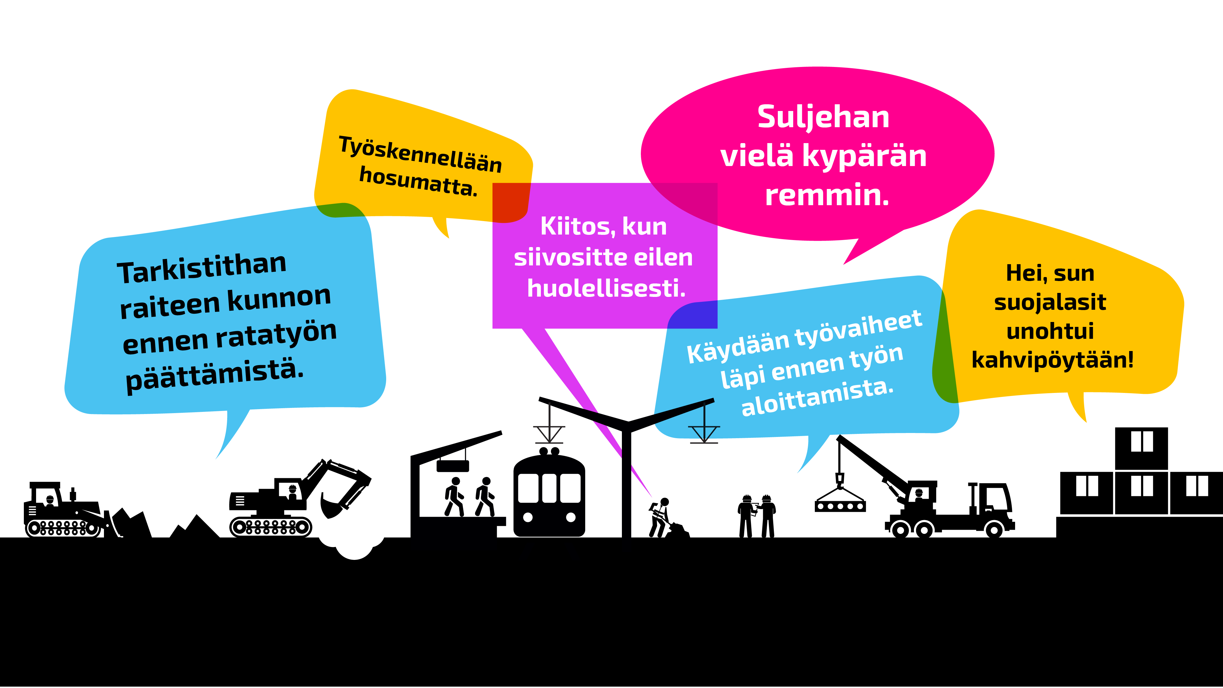 Työmaakoneiden ikoneita ja työturvallisuutta edistäviä sitaatteja puhekuplissa.