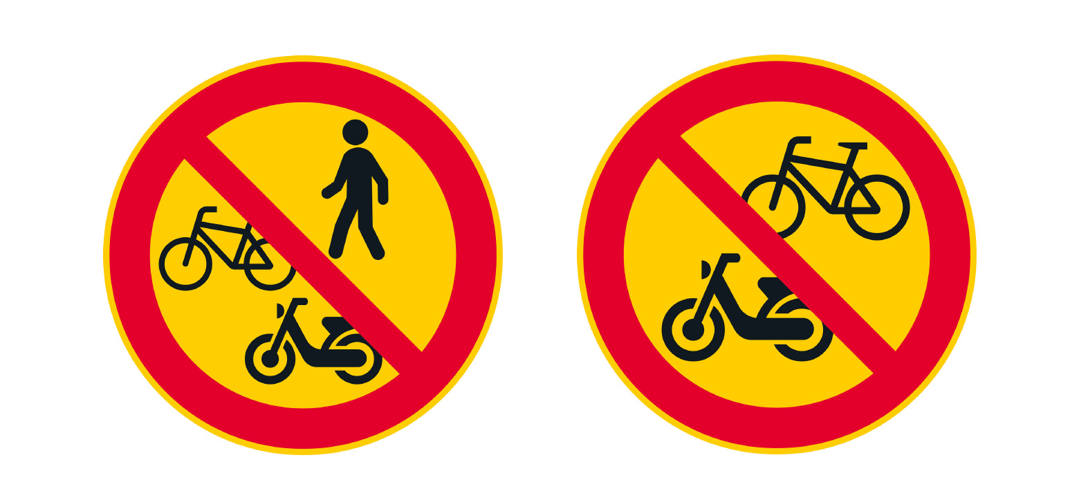 Kuva: Jalankulun, pyörällä ajamisen ja mopolla ajamisen kieltävä merkki sekä pyöräilyn ja mopoilun kieltävä merkki.